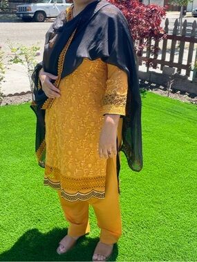 Mustard Yellow Embroidered Salwar Kameez with Black Dupatta